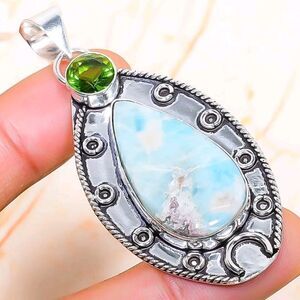 Stunning Republic Larimar Peridot Gemstone Handmade Gift Jewelry Pendant 2.44"